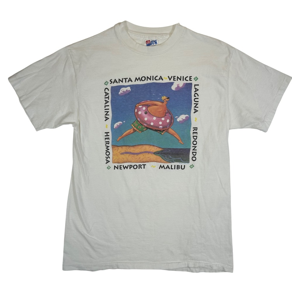 Vintage 1992 Hanes Beefy-T California‎ Beach Graphic T-Shirt White Mens Medium